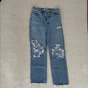 Agolde Distressed Straight Leg Jeans in Light Blue